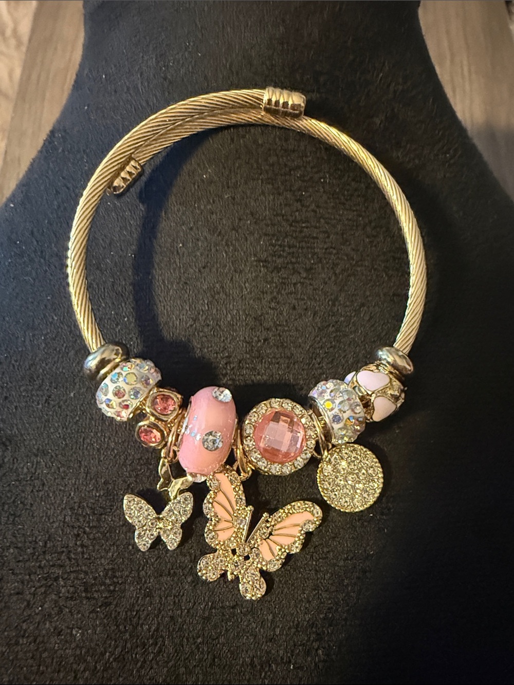Delicate Pink Charm Bracelet with Butterfly Gold Accents Gold Plated
